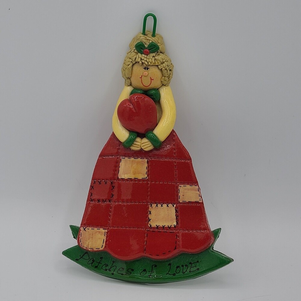 Clay Ornament Patchwork Girl With Heart Handmade 1986